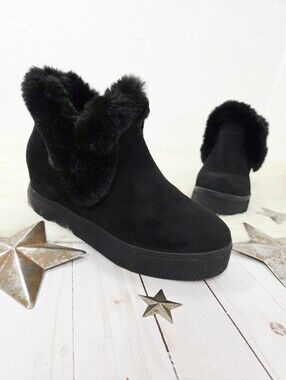 J/Slides Stella fur trim bootie black suede ankle boots women's Size 8